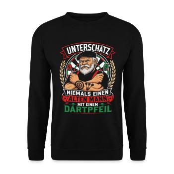 Unterschätze nie den alten Dartmann - Unisex Pullover - Schwarz - Vorne - Alina (178cm) & Michal (187cm)