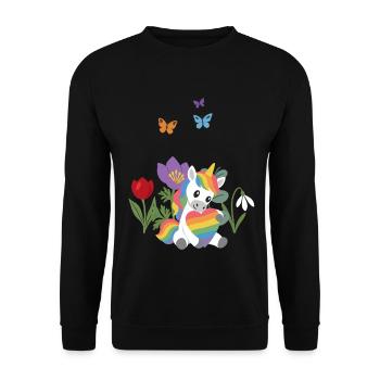 Blumengeschenk · Einhorn Regenbogenherz · Blumen - Unisex Pullover - Schwarz - Vorne - Alina (178cm) & Michal (187cm)