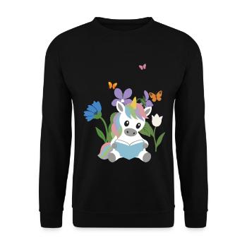 Veilchen · Garten · Bücher Einhorn · Schmetterling - Unisex Pullover - Schwarz - Vorne - Alina (178cm) & Michal (187cm)