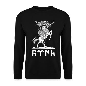 Türkischer Akıncı Reiter mit Göktürk Runen - Unisex Pullover - Schwarz - Vorne - Alina (178cm) & Michal (187cm)