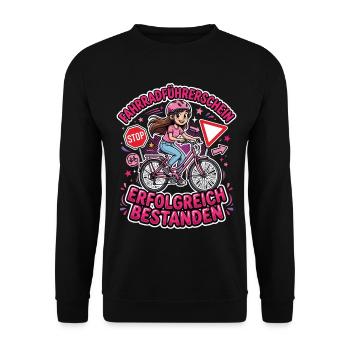 Fahrradführerschein: Erfolgreich Bestanden - Unisex Pullover - Schwarz - Vorne - Alina (178cm) & Michal (187cm)