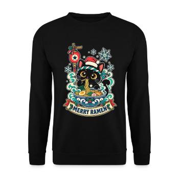 Kawaii-Katze Ramen Weihnachten - Unisex Pullover - Schwarz - Vorne - Alina (178cm) & Michal (187cm)
