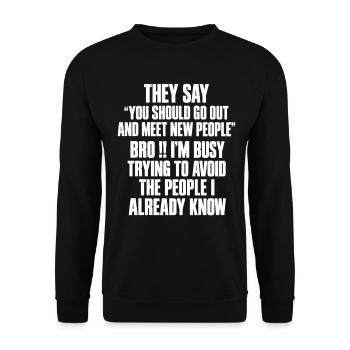 Lustiger Spruch Menschenmuffel - Unisex Pullover - Schwarz - Vorne - Alina (178cm) & Michal (187cm)