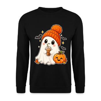 Cozy Ghost and Pumpkin Halloween - Unisex Pullover - Schwarz - Vorne - Alina (178cm) & Michal (187cm)