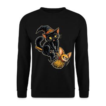 Katzenmagie auf Hexenbesen - Unisex Pullover - Schwarz - Vorne - Alina (178cm) & Michal (187cm)