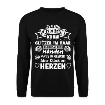 Ich bin Erzieherin ich habe Glitzer im Haar Spruch - Unisex Pullover - Schwarz - Vorne - Alina (178cm) & Michal (187cm)