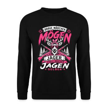 Coole Mädchen Jagen Selber Jägerin - Unisex Pullover - Schwarz - Vorne - Alina (178cm) & Michal (187cm)