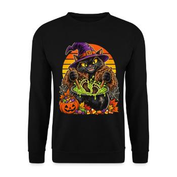 Hexenkatze im Hexenkessel Halloween - Unisex Pullover - Schwarz - Vorne - Alina (178cm) & Michal (187cm)