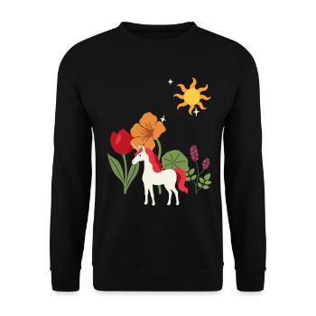 Einhorn Blumen Kinder märchenhaft Fantasie Sonne - Unisex Pullover - Schwarz - Vorne - Alina (178cm) & Michal (187cm)