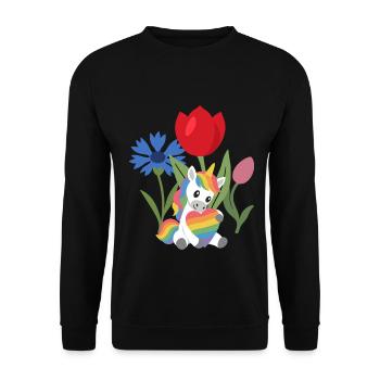 Einhorn Blumen Kinder märchenhaft Regenbogen - Unisex Pullover - Schwarz - Vorne - Alina (178cm) & Michal (187cm)