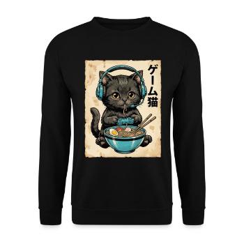 Gamer-Katze mit Ramen und Headset - Unisex Pullover - Schwarz - Vorne - Alina (178cm) & Michal (187cm)