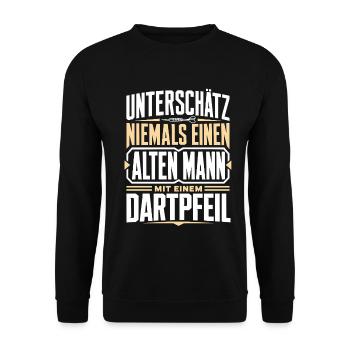 Alter Mann mit Dartpfeil - Unisex Pullover - Schwarz - Vorne - Alina (178cm) & Michal (187cm)