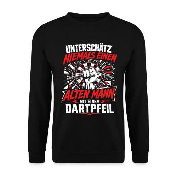 Alter Mann mit Dartpfeil - Unisex Pullover - Schwarz - Vorne - Alina (178cm) & Michal (187cm)