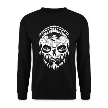Fallschirm-Schädel – Berg- und Waldabenteuer - Unisex Pullover - Schwarz - Vorne - Alina (178cm) & Michal (187cm)