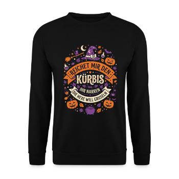 Reichet mir den Kürbis die Hexe will gruseln - Unisex Pullover - Schwarz - Vorne - Alina (178cm) & Michal (187cm)