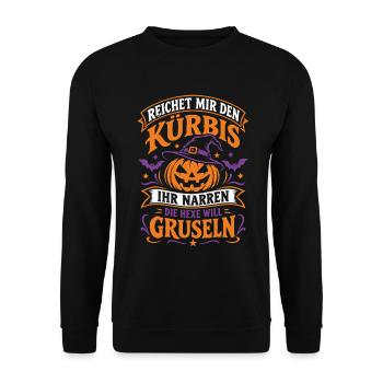 Reichet mir den Kürbis die Hexe will gruseln - Unisex Pullover - Schwarz - Vorne - Alina (178cm) & Michal (187cm)