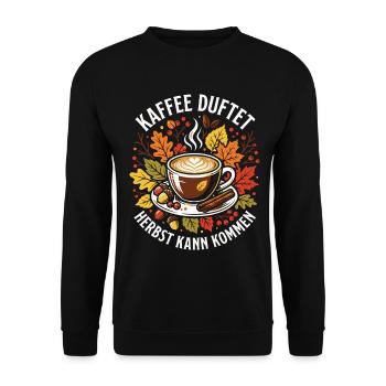 Kaffee duftet | Herbstzeit | gemütlich - Unisex Pullover - Schwarz - Vorne - Alina (178cm) & Michal (187cm)