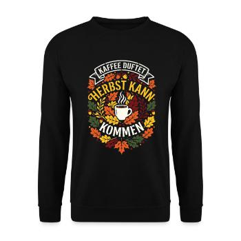 Kaffee duftet | Herbstzeit | gemütlich - Unisex Pullover - Schwarz - Vorne - Alina (178cm) & Michal (187cm)