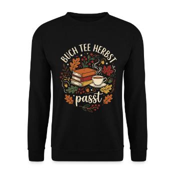 Buch, Tee, Herbst | Herbstzeit | Indian Summer - Unisex Pullover - Schwarz - Vorne - Alina (178cm) & Michal (187cm)