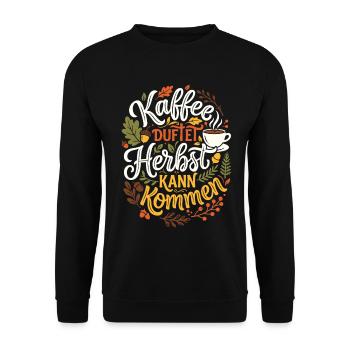 Kaffee duftet | Herbstzeit | gemütlich - Unisex Pullover - Schwarz - Vorne - Alina (178cm) & Michal (187cm)