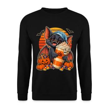 Halloween Fledermaus mit Kürbis-Kaffee - Unisex Pullover - Schwarz - Vorne - Alina (178cm) & Michal (187cm)