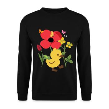 Küken Blumen Kinder Vogelmotiv Geschenkidee - Unisex Pullover - Schwarz - Vorne - Alina (178cm) & Michal (187cm)