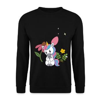 Einhorn Blumen Kinder fantasievoll Sonnenhut - Unisex Pullover - Schwarz - Vorne - Alina (178cm) & Michal (187cm)