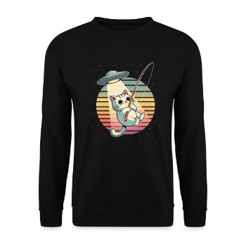 Kosmische Katze UFO-Angeln Retro Sonnenuntergang - Unisex Pullover - Schwarz - Vorne - Alina (178cm) & Michal (187cm)