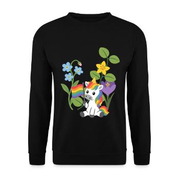 Einhorn Blumen Kinder märchenhaft Fantasie Krokus - Unisex Pullover - Schwarz - Vorne - Alina (178cm) & Michal (187cm)