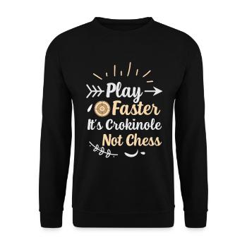 Spiel schneller – Crokinole ist kein Schach - Unisex Pullover - Schwarz - Vorne - Alina (178cm) & Michal (187cm)