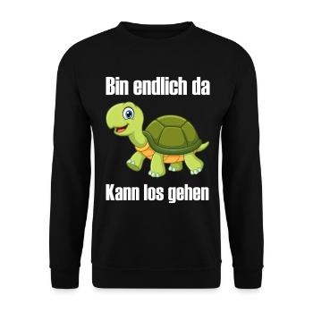 Bin endlich da kann los gehen lustige Schildkröte - Unisex Pullover - Schwarz - Vorne - Alina (178cm) & Michal (187cm)