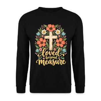 Über Maße geliebte christliche Frauen Jesus Floral - Unisex Pullover - Schwarz - Vorne - Alina (178cm) & Michal (187cm)