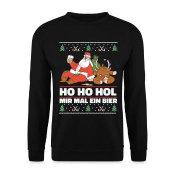 Ho Ho Hol – Weihnachtsmann und Rentier mit Bier - Unisex Pullover - Schwarz - Vorne - Alina (178cm) & Michal (187cm)