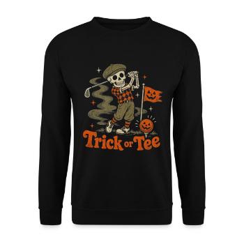 Halloween Golf Skelett Golfer Retro - Unisex Pullover - Schwarz - Vorne - Alina (178cm) & Michal (187cm)