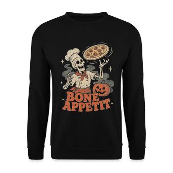 Halloween Skelett Pizza Koch Retro - Unisex Pullover - Schwarz - Vorne - Alina (178cm) & Michal (187cm)
