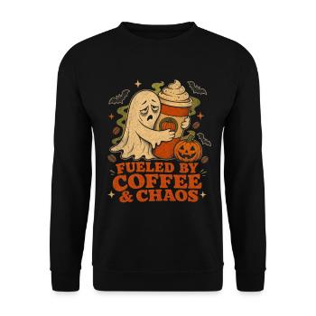 Halloween Kaffee Geist Kürbis Retro - Unisex Pullover - Schwarz - Vorne - Alina (178cm) & Michal (187cm)
