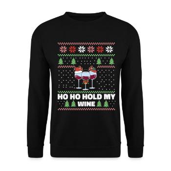 Ho Ho Hold My Wine – Weingläser mit Geweih - Unisex Pullover - Schwarz - Vorne - Alina (178cm) & Michal (187cm)