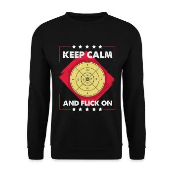 Keep Calm and Flick On – Crokinole Spieler - Unisex Pullover - Schwarz - Vorne - Alina (178cm) & Michal (187cm)