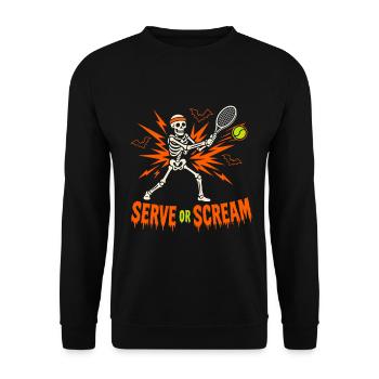 Halloween Tennis Skelett Sport Serve or Scream - Unisex Pullover - Schwarz - Vorne - Alina (178cm) & Michal (187cm)