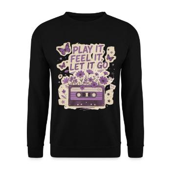 Retro Purple Floral Kassette - Unisex Pullover - Schwarz - Vorne - Alina (178cm) & Michal (187cm)