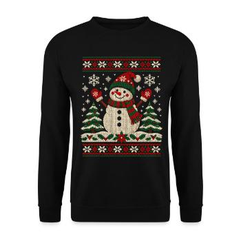 Schneemann, hässlicher Weihnachtspullover Strickdesign - Unisex Pullover - Schwarz - Vorne - Alina (178cm) & Michal (187cm)