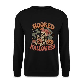 Halloween Häkeln Skelett Kürbis Hooked Halloween - Unisex Pullover - Schwarz - Vorne - Alina (178cm) & Michal (187cm)