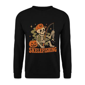 Halloween Skelett Angler Fischgräte Skelefishing - Unisex Pullover - Schwarz - Vorne - Alina (178cm) & Michal (187cm)
