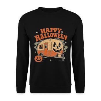 Halloween Wohnwagen Camping Kürbis - Unisex Pullover - Schwarz - Vorne - Alina (178cm) & Michal (187cm)
