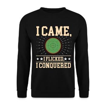 I Came I Flicked I Conquered – Crokinole - Unisex Pullover - Schwarz - Vorne - Alina (178cm) & Michal (187cm)