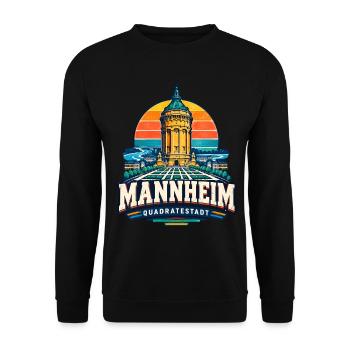 Mannheim Wasserturm Quadratestadt Retro Sunset - Unisex Pullover - Schwarz - Vorne - Alina (178cm) & Michal (187cm)