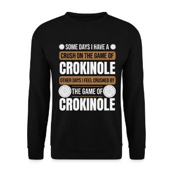 Mal verliebt, mal am Boden – Crokinole Spruch - Unisex Pullover - Schwarz - Vorne - Alina (178cm) & Michal (187cm)
