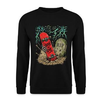 Skate or Die Blitz Grabstein Grafik - Unisex Pullover - Schwarz - Vorne - Alina (178cm) & Michal (187cm)