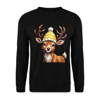 Süßer Hirsch mit gelber Strickmütze - Unisex Pullover - Schwarz - Vorne - Alina (178cm) & Michal (187cm)