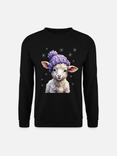 Süßes Lamm mit violetter Strickmütze - Unisex Pullover - Schwarz